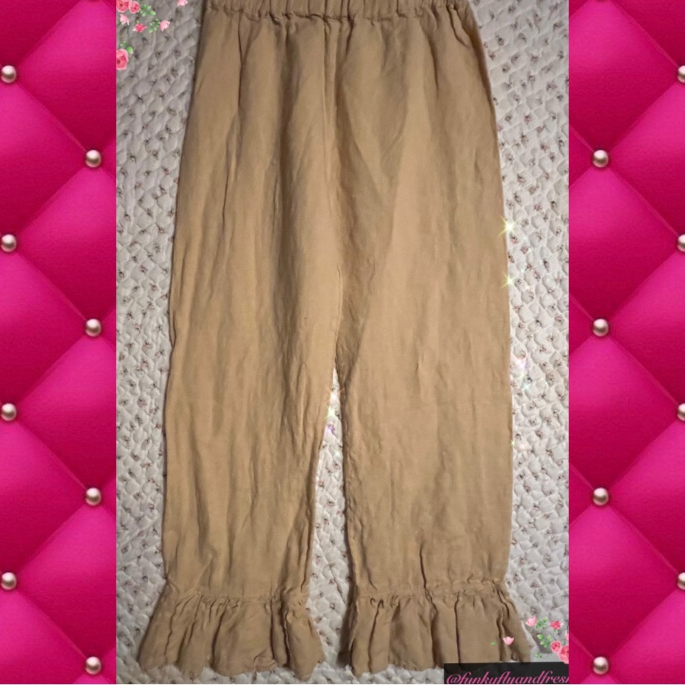 Sleeper size small Rumba pants neutral linen ruffle bottoms elastic waist.